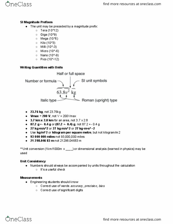 ECOR 1010 Lecture Notes - Lecture 4: Significant Figures, Dimensional Analysis, Kilogram thumbnail
