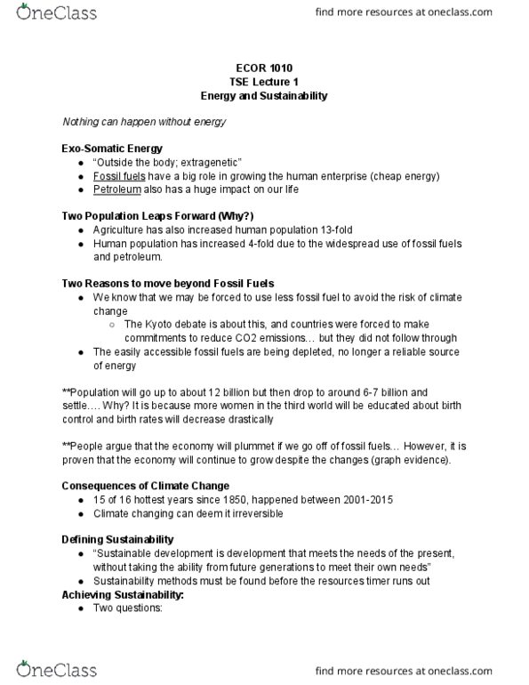 ECOR 1010 Lecture Notes - Lecture 1: Climate Change Mitigation, Sustainable Development thumbnail