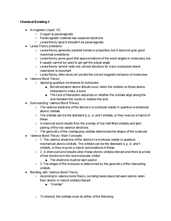 CH 101 Lecture Notes - Lecture 7: Valence Bond Theory, Lewis Acids And Bases, Paramagnetism thumbnail