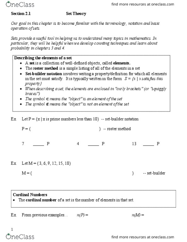 MATH M118 Lecture Notes - Lecture 2: Empty Set, Venn Diagram, Set Notation thumbnail