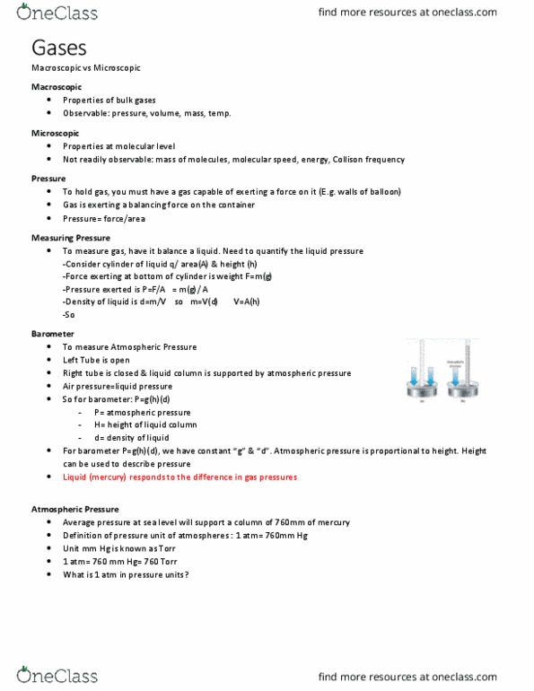 CHEM 1000 Lecture Notes - Lecture 1: Barometer, Torr, Combined Gas Law thumbnail