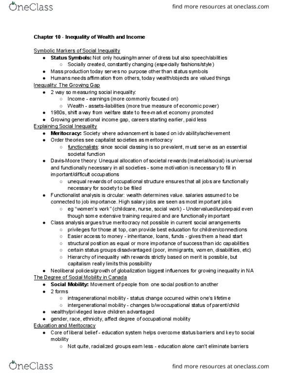 SOC 103 Chapter Notes - Chapter 10: Social Inequality, Welfare, Mass Production thumbnail