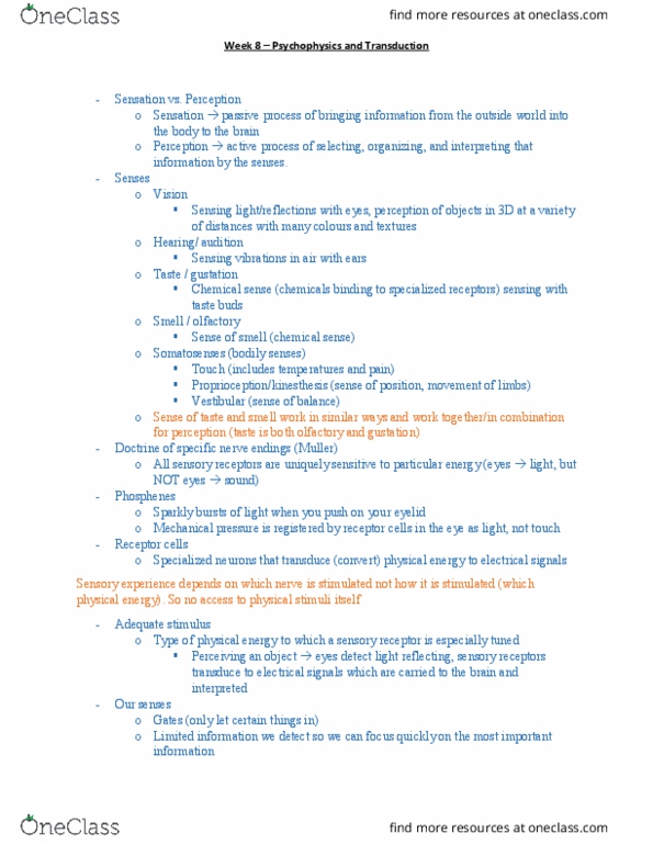 PSYC 100 Lecture Notes - Lecture 8: Cranial Nerves, Sensory Neuron, Afferent Nerve Fiber thumbnail