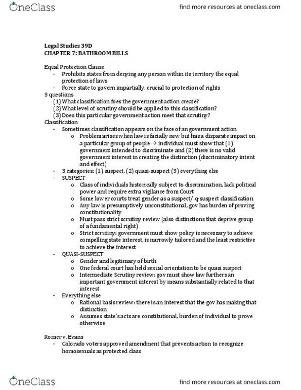 LEGALST 39D Chapter Notes - Chapter 7: Charlotte City Council, Rational Basis Review, Equal Protection Clause thumbnail