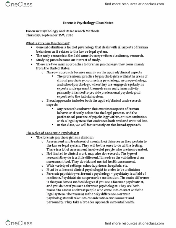 PSY 3173 Lecture Notes - Lecture 3: Forensic Psychology, Forensic Psychiatry, Mental Health Law thumbnail