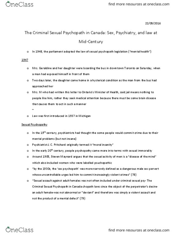 SOSC 1375 Chapter Notes - Chapter 3: Sexual Assault, Paraphilia, Psychopathy thumbnail