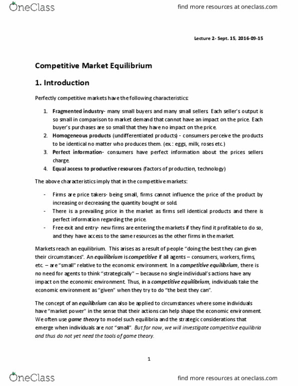 ECN 700 Lecture Notes - Lecture 2: Competitive Equilibrium, Demand Curve, Economic Equilibrium thumbnail