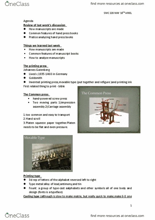 SMC228H1 Lecture Notes - Lecture 4: Composing Stick, Johannes Gutenberg, Screw Press thumbnail