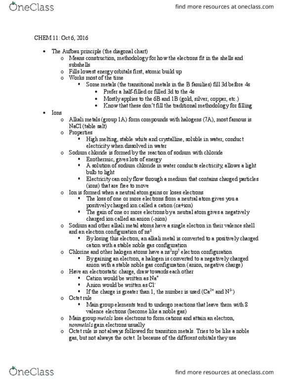 CHEM 11 Lecture Notes - Lecture 5: Alkali Metal, Aufbau Principle, Exothermic Process thumbnail