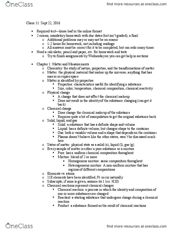 CHEM 11 Lecture Notes - Lecture 1: Chemical Change, Chemical Reaction, Scientific Notation thumbnail