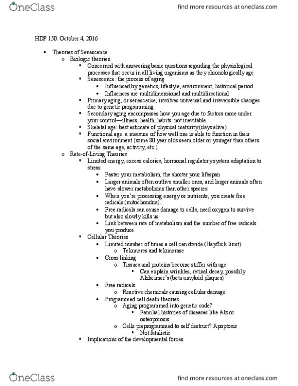 HDP 150 Lecture Notes - Lecture 4: Hayflick Limit, Amyloid, Programmed Cell Death thumbnail