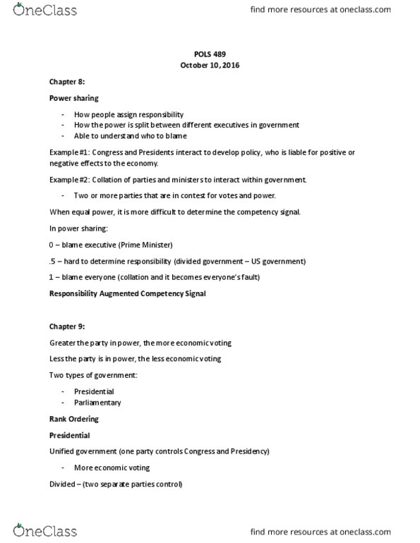 POLS 489 Lecture Notes - Lecture 8: Collation, Divided Government, One-Party State thumbnail