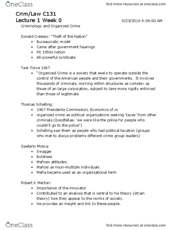 CRM/LAW C131 Lecture Notes - Lecture 1: Strongarm, Gambling, Thomas Schelling thumbnail