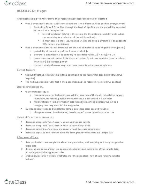 HSS 2381 Lecture Notes - Lecture 6: Null Hypothesis, Sampling Distribution, Confidence Interval thumbnail