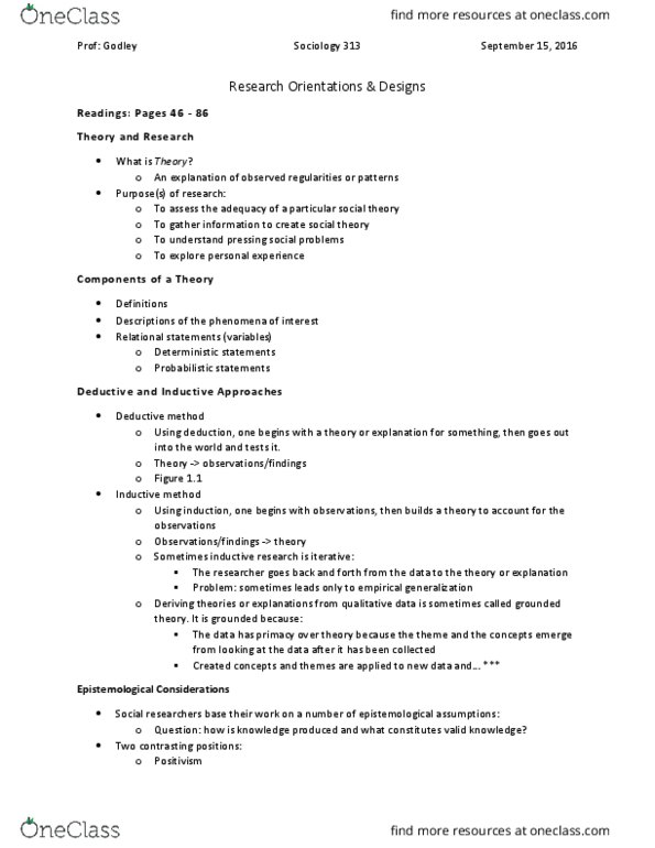 SOCI 313 Lecture Notes - Lecture 1: Conditionality, Empiricism, Social Reality thumbnail