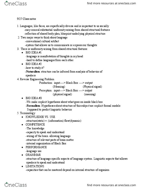 LING 1 Lecture Notes - Lecture 1: Cultural Artifact, Body Plan, Universal Grammar thumbnail