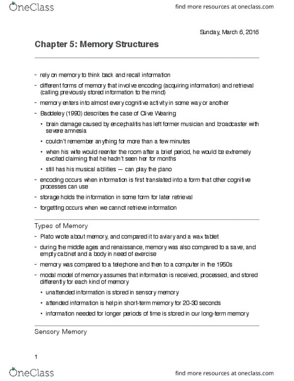 Psychology 2135A/B Chapter Notes - Chapter 5-7: Aviary, Sensory Memory, Brenda Milner thumbnail