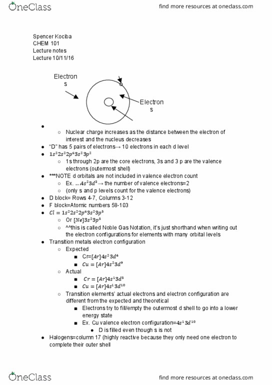 CHEM 101 Lecture Notes - Lecture 4: Electron Configuration, Transition Metal, Noble Gas thumbnail