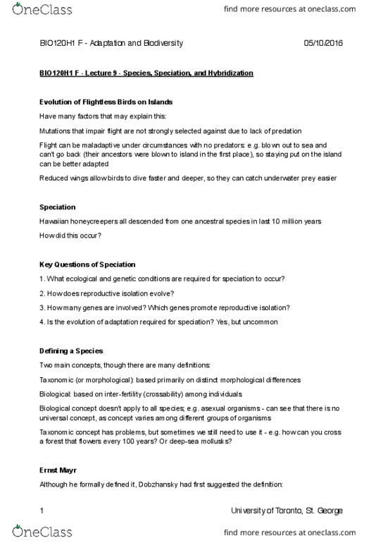 BIO120H1 Lecture Notes - Lecture 9: Cichlid, Meiosis, Allopatric Speciation thumbnail