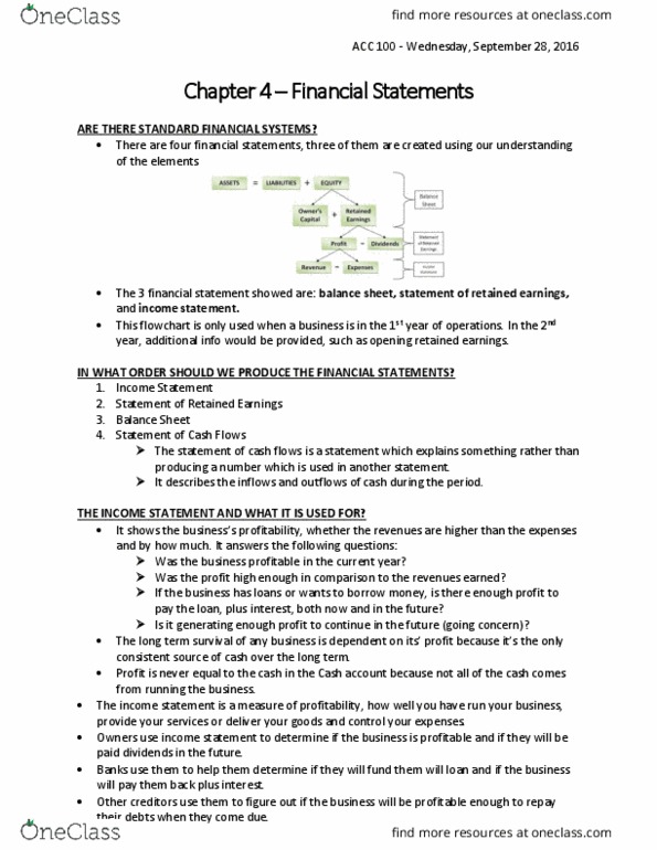 ACC 100 Chapter Notes - Chapter 4: Flowchart, Cash Flow, Retained Earnings thumbnail