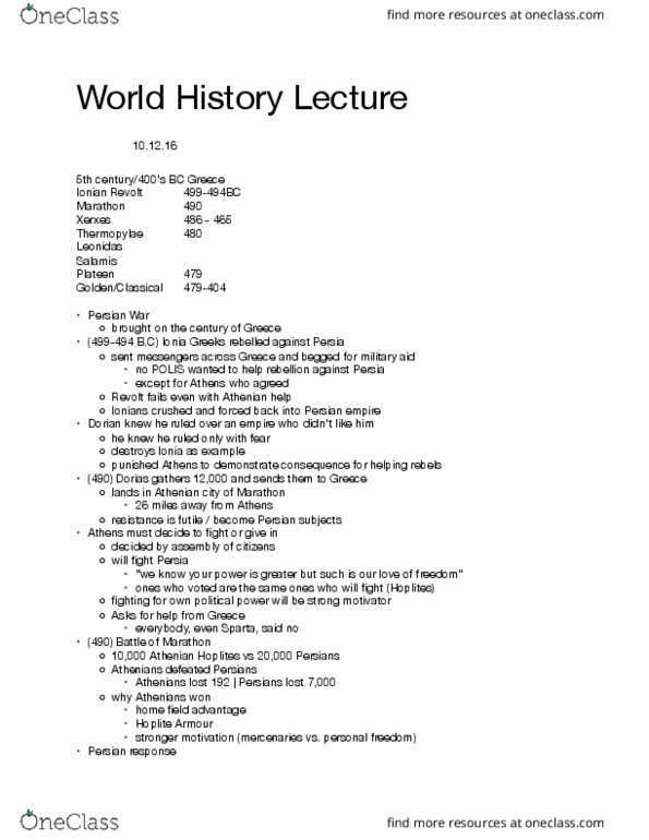 HIST 010 Lecture Notes - Lecture 14: Hoplite, Hellenic Navy, Ionian Revolt thumbnail