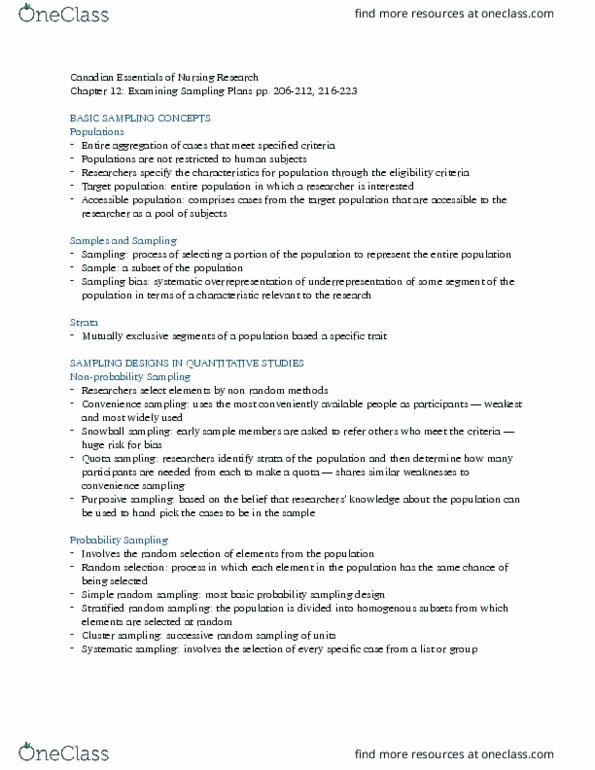 NUR 80A/B Chapter Notes - Chapter 12: Sampling Bias, Simple Random Sample, Cluster Sampling thumbnail