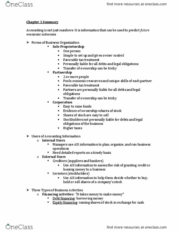 ACCT I S 100 Chapter Notes - Chapter 1: Retained Earnings, Financial Statement, Income Statement thumbnail