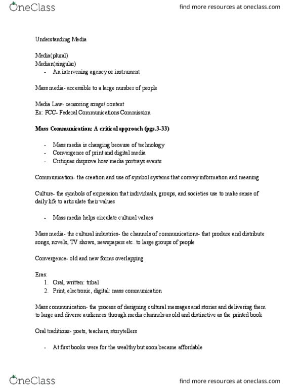 COMM-100 FA4 Chapter Notes - Chapter 1-2: Underground Press, Low Culture, Creative Nonfiction thumbnail