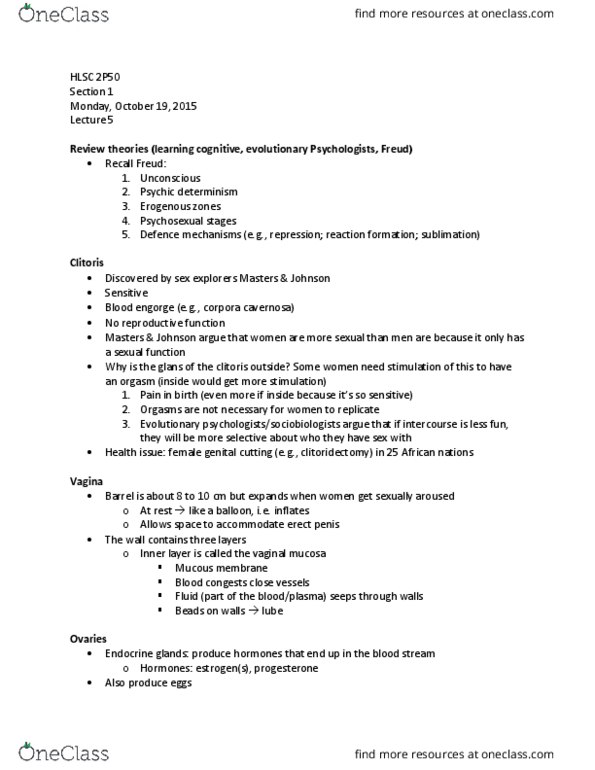 HLSC 2P50 Lecture Notes - Lecture 5: Masters And Johnson, Cervical Canal, Spermatic Cord thumbnail