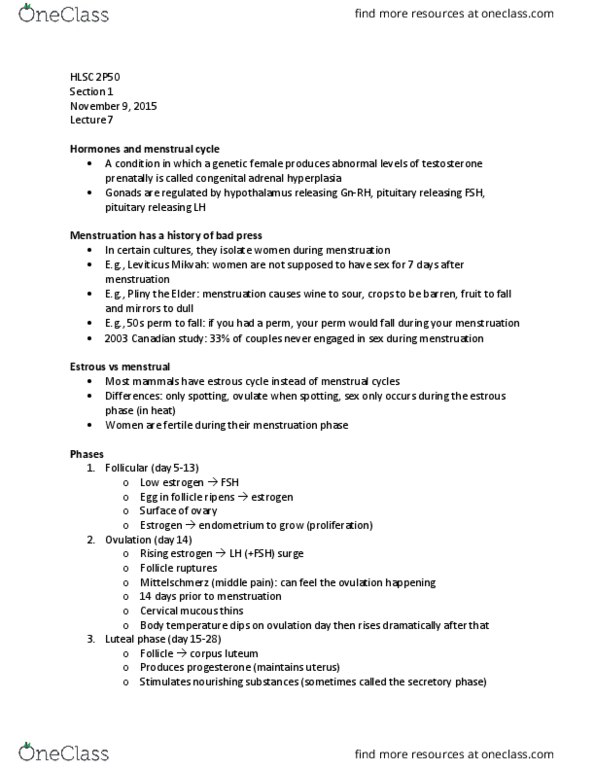 HLSC 2P50 Lecture Notes - Lecture 7: Menarche, Parental Investment, Premenstrual Dysphoric Disorder thumbnail