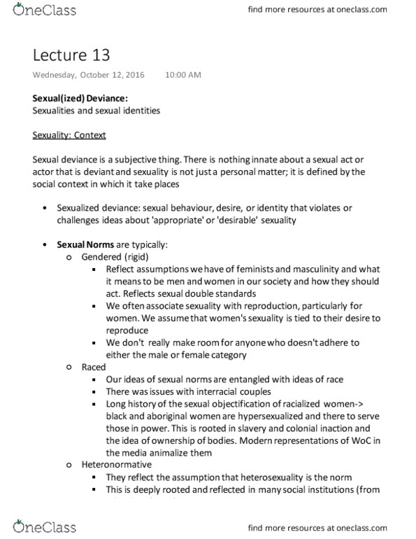 SOC224 Lecture Notes - Lecture 13: Pedophilia, Premarital Sex, Sexual Assault thumbnail