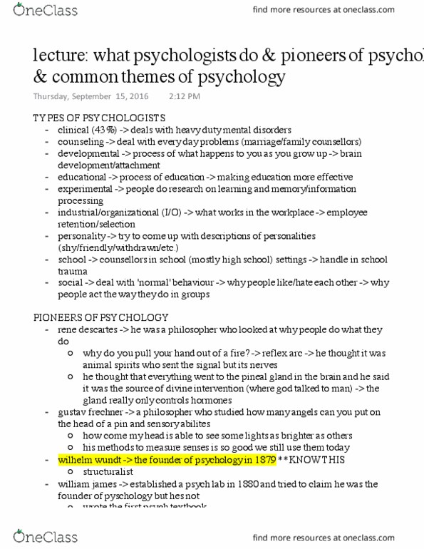 Psychology 1000 Lecture Notes - Lecture 2: Jean Piaget, Wilhelm Wundt, Reflex Arc thumbnail