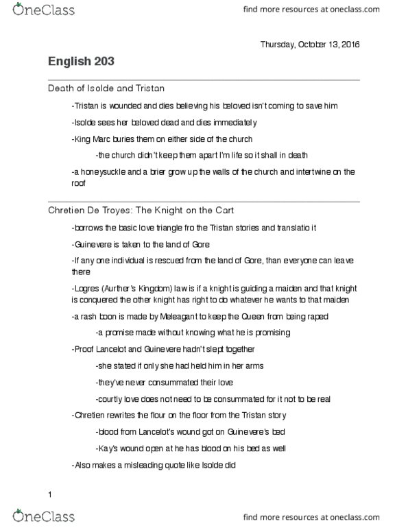 ENGL 203 Lecture Notes - Lecture 7: Maleagant, Logres, Monogamy thumbnail