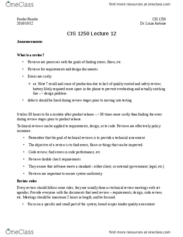 CIS 1250 Lecture Notes - Lecture 12: Code Review thumbnail