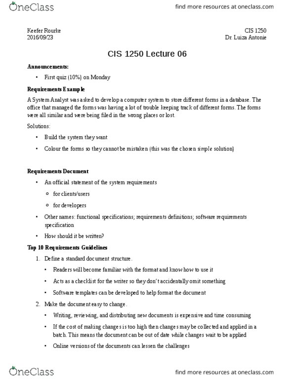 CIS 1250 Lecture Notes - Lecture 6: Software Requirements Specification, Requirements Management thumbnail