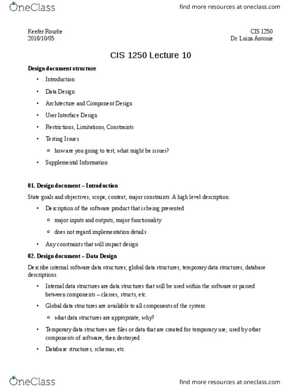 CIS 1250 Lecture Notes - Lecture 10: Requirements Traceability, Software Design Description thumbnail