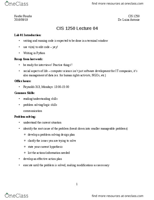 CIS 1250 Lecture Notes - Lecture 4: Waterfall Model, Terminal Emulator, Problem Solving thumbnail