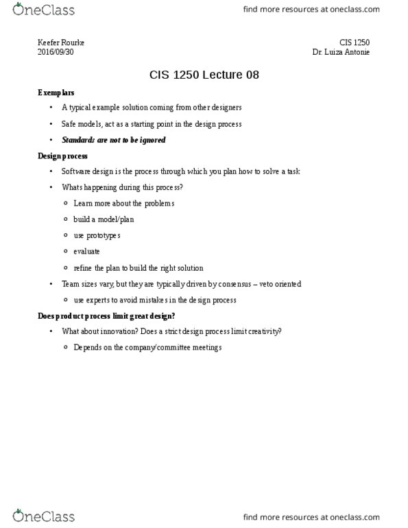 CIS 1250 Lecture Notes - Lecture 8: Pareto Principle, Software Design thumbnail