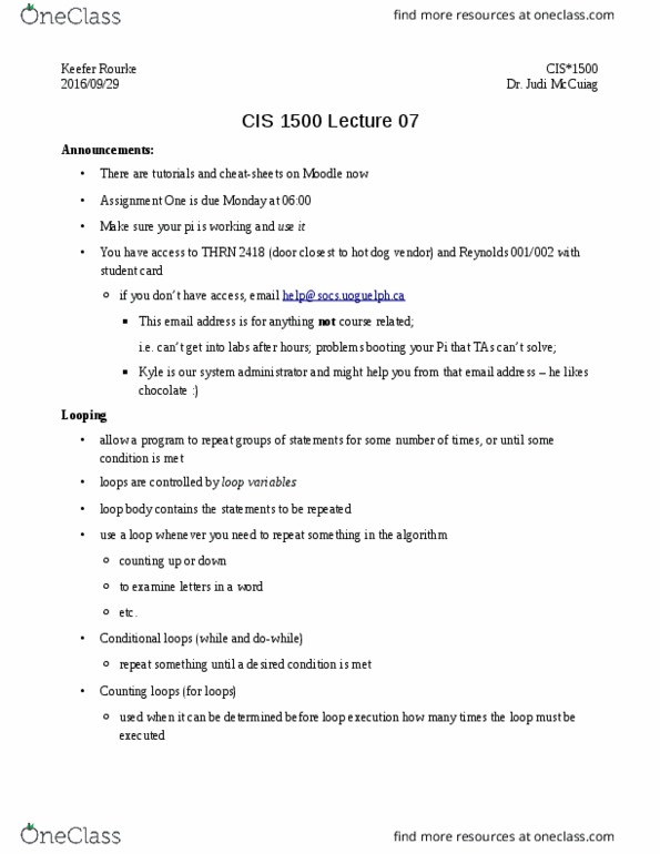 CIS 1500 Lecture Notes - Lecture 7: Boolean Data Type, C Data Types, Semicolon thumbnail