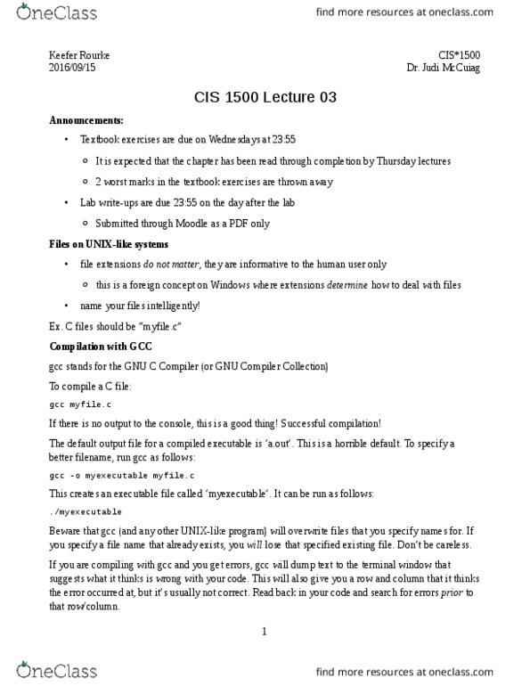 CIS 1500 Lecture Notes - Lecture 3: A.Out, Brian Kernighan, Machine Code thumbnail