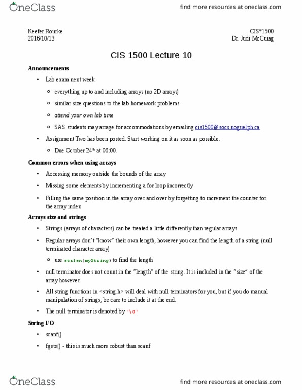CIS 1500 Lecture Notes - Lecture 9: Standard Streams, In C, Scanf Format String thumbnail