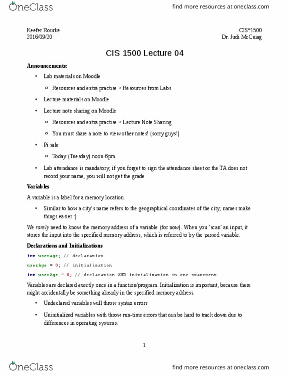 CIS 1500 Lecture Notes - Lecture 4: Camel Case, Type System, C String Handling thumbnail