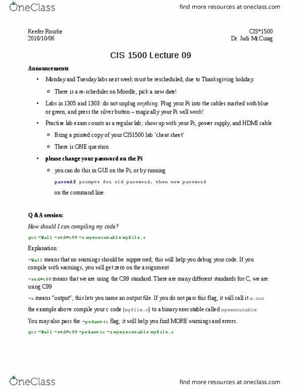 CIS 1500 Lecture Notes - Lecture 9: C Data Types, Passwd, Gnu Compiler Collection thumbnail