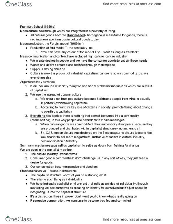 CMN 1160 Lecture Notes - Lecture 8: Hypodermic Needle Model, Ford Model T, Theodor W. Adorno thumbnail