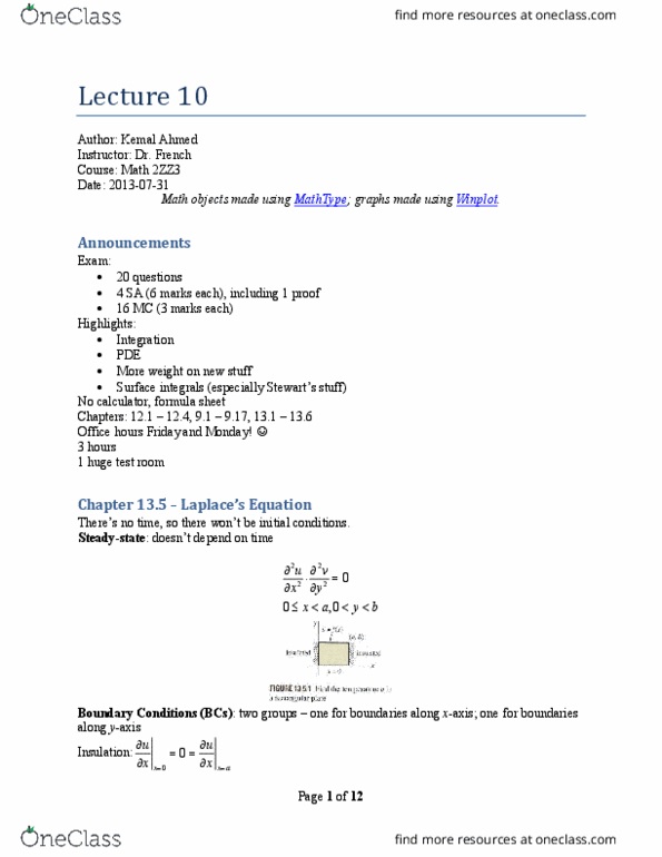 MATH 2ZZ3 Lecture Notes - Lecture 10: Dd National, Parametric Surface, Dirichlet Problem thumbnail