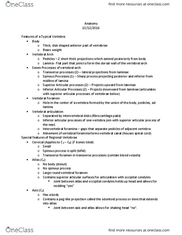 BIOLOGY 173 Lecture Notes - Lecture 18: Xiphoid Process, Sternum, Sacrum thumbnail