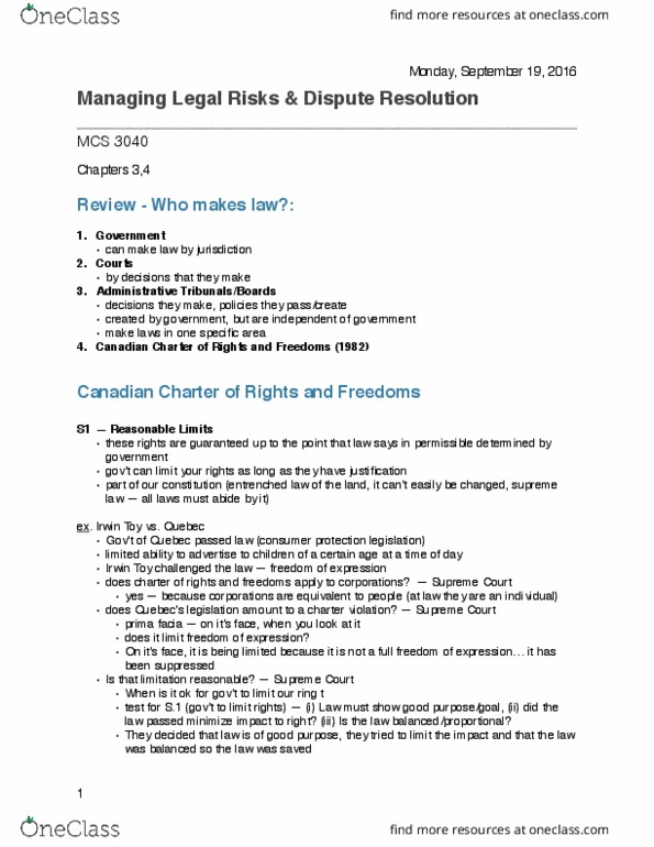 MCS 3040 Lecture Notes - Lecture 2: Section 33 Of The Canadian Charter Of Rights And Freedoms, Consumer Protection, Equal Protection Clause thumbnail
