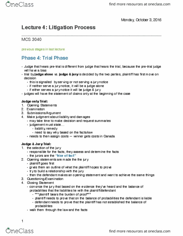 MCS 3040 Lecture Notes - Lecture 4: Contingent Fee, Alternative Dispute Resolution thumbnail