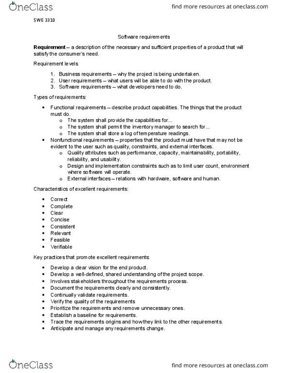 SWE 3313 Lecture Notes - Lecture 1: Requirements Engineering, Subject-Matter Expert, Software Requirements thumbnail