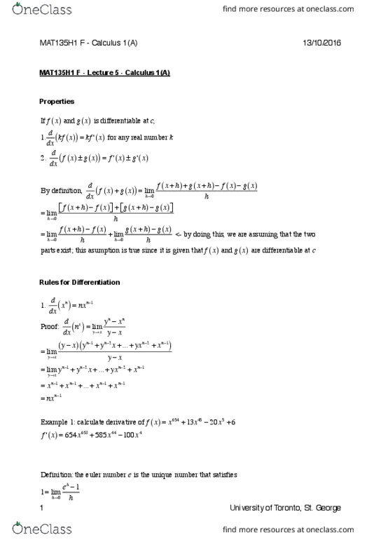 MAT135H1 Lecture Notes - Lecture 5: Quotient Rule, Differentiable Function, Product Rule thumbnail